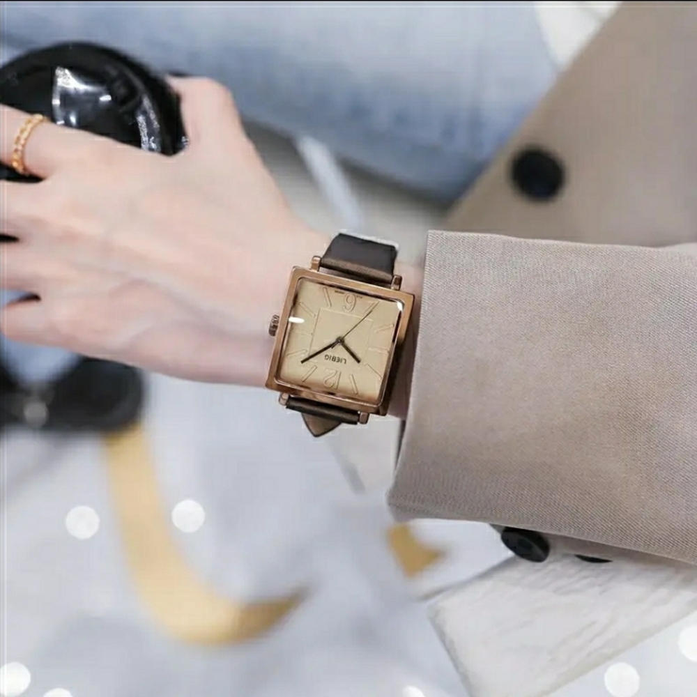 NEW! Golden Coffee Square Quartz Watch with Brown Leather Strap - Picture 11 of 12